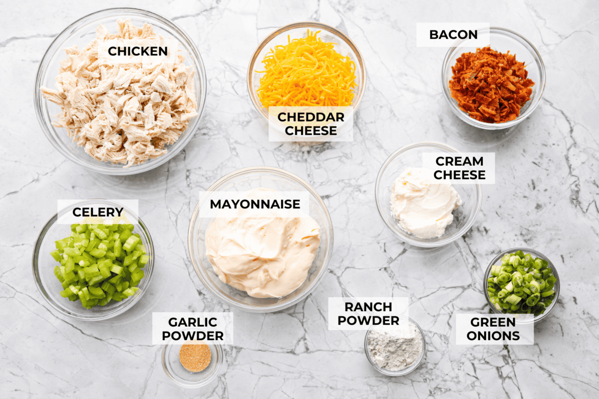 This crack chicken salad has no business being this good! It’s creamy, packed with ranch, bacon, and cheddar, and disappears way too fast. Pile it on a croissant or eat it straight from the bowl. I promise I won't judge! Overhead shot of labeled ingredients.